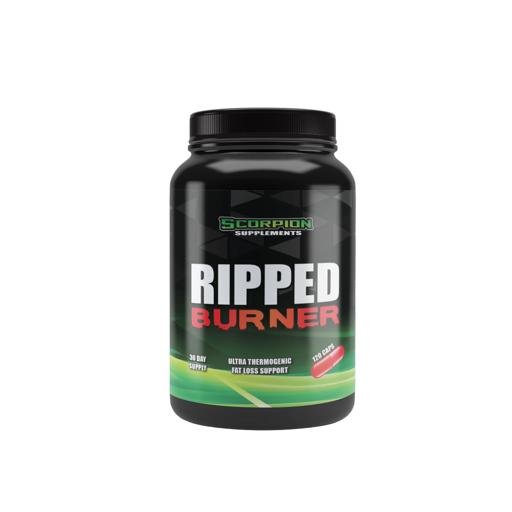 A container of Scorpion Ripped Burner capsules, which is a fat burner supplement.